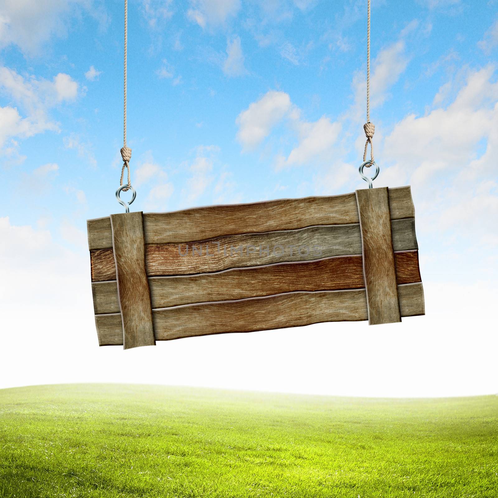 Wooden blank banner hanging on ropes. Place for text