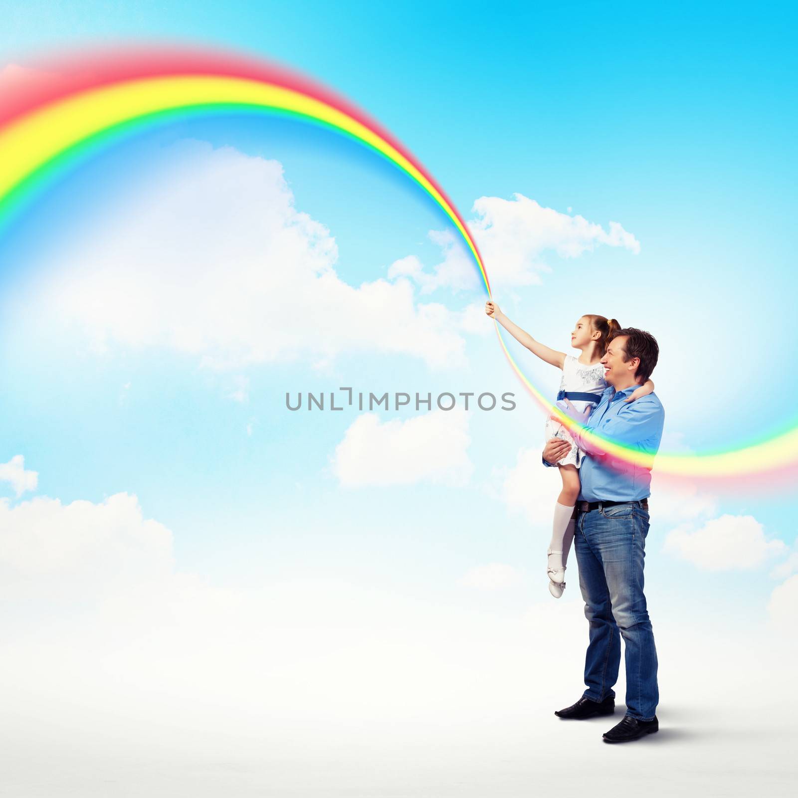 Father holding his daughter and rainbow by sergey_nivens