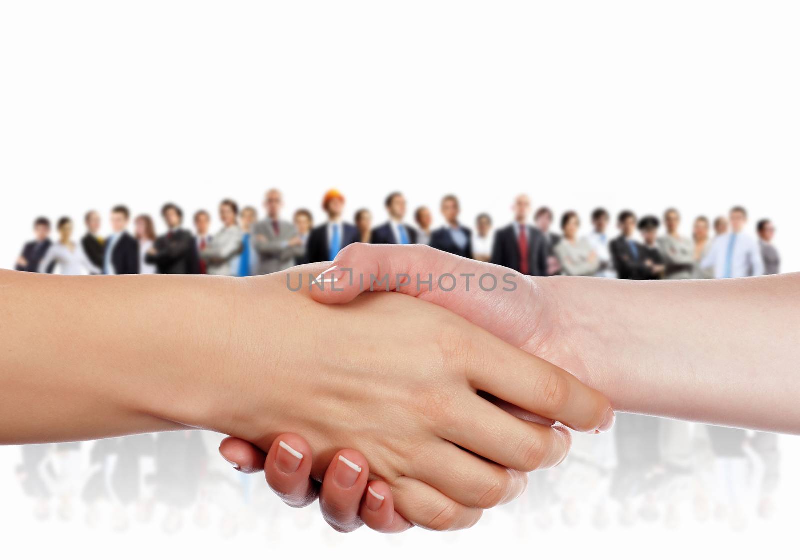 Handshake of business people with people at background