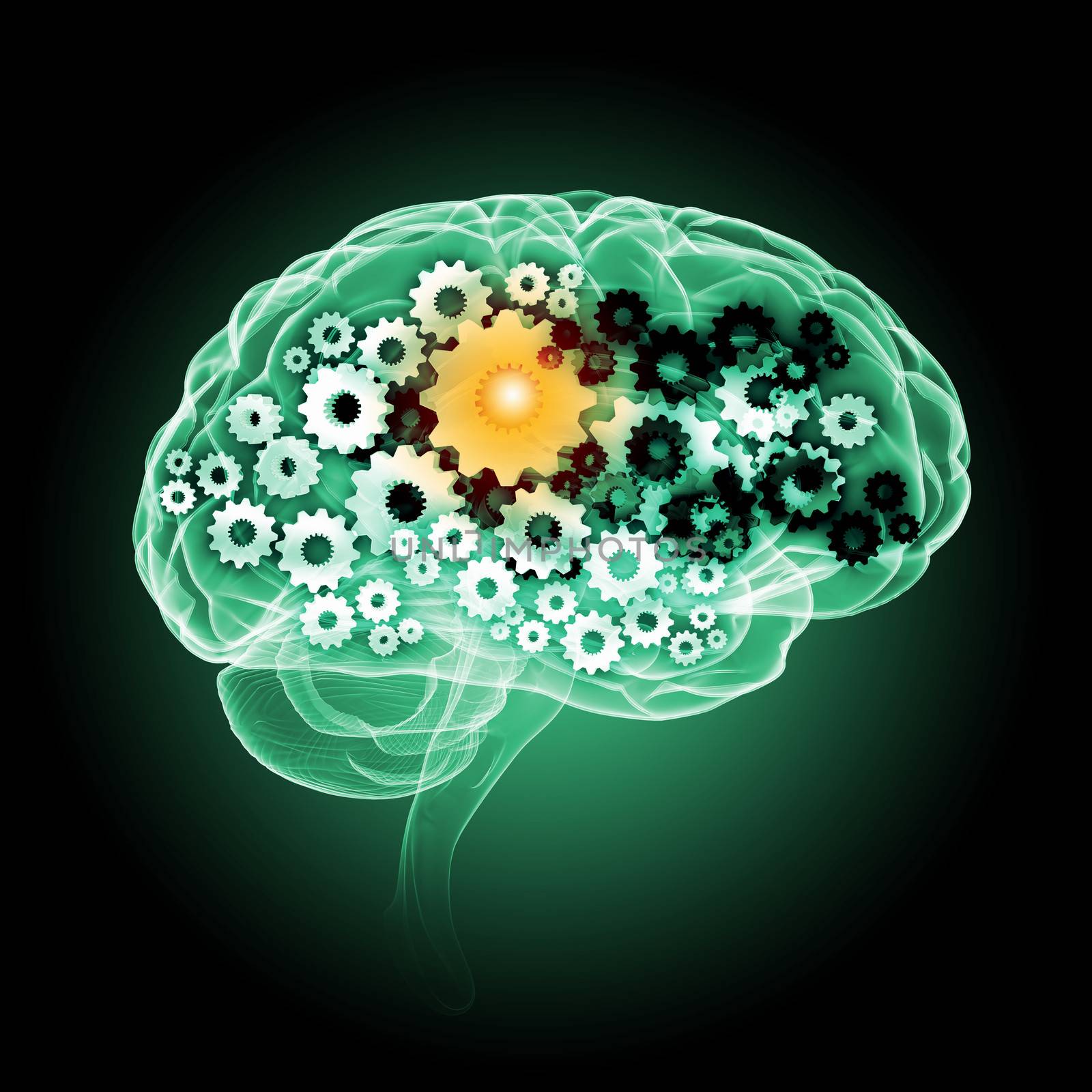 Illustration of human brain with cogwheel mechanisms