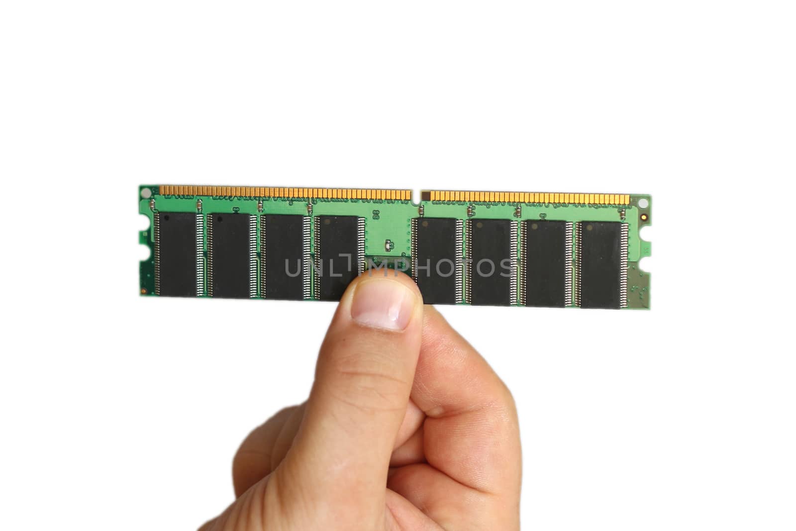 Man holding up a RAM module, or random access memory, in which all storage locations can be rapidly accessed in the same amount of time used by a computer operating system, on white