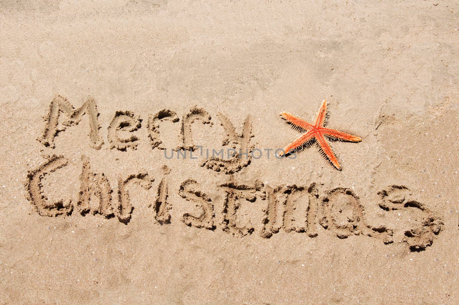 Merry Christmas written in the sand with star by jelen80