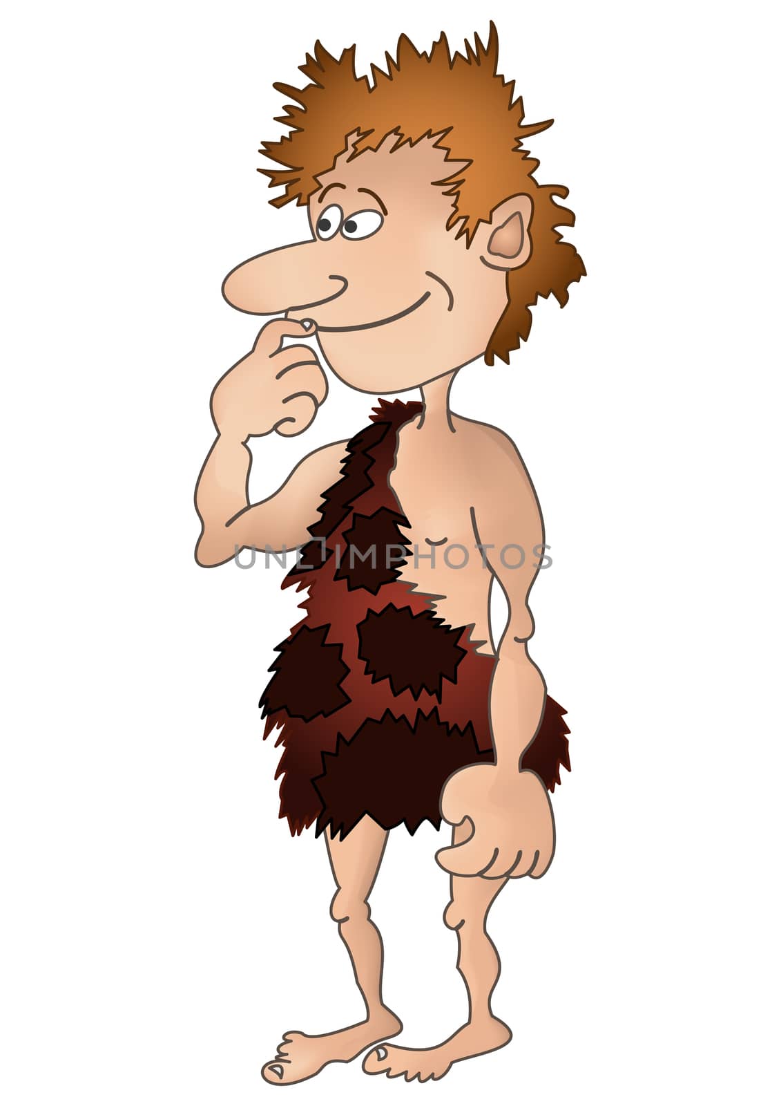 Shaggy prehistoric cave-boy in animal skin with interest looking somewhere