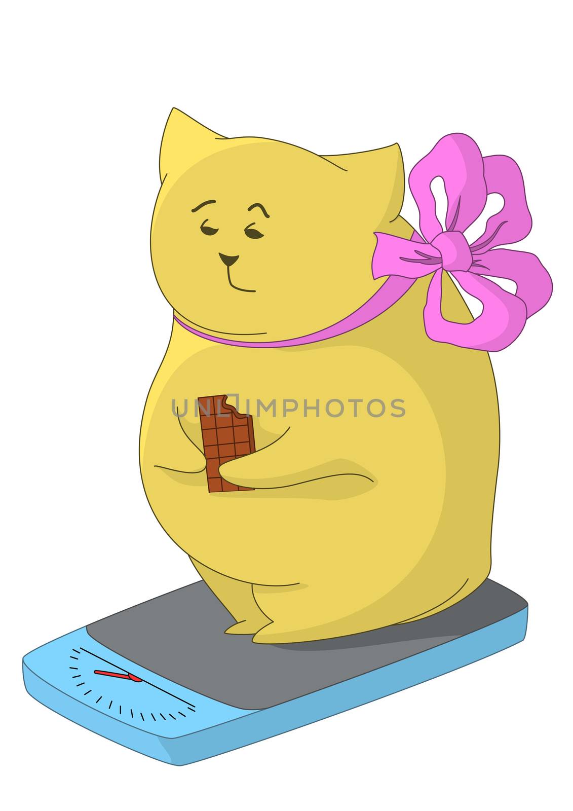 Cartoon fat animal weigh yourself on the scale and eat chocolate, feel the pain of their excess weight.