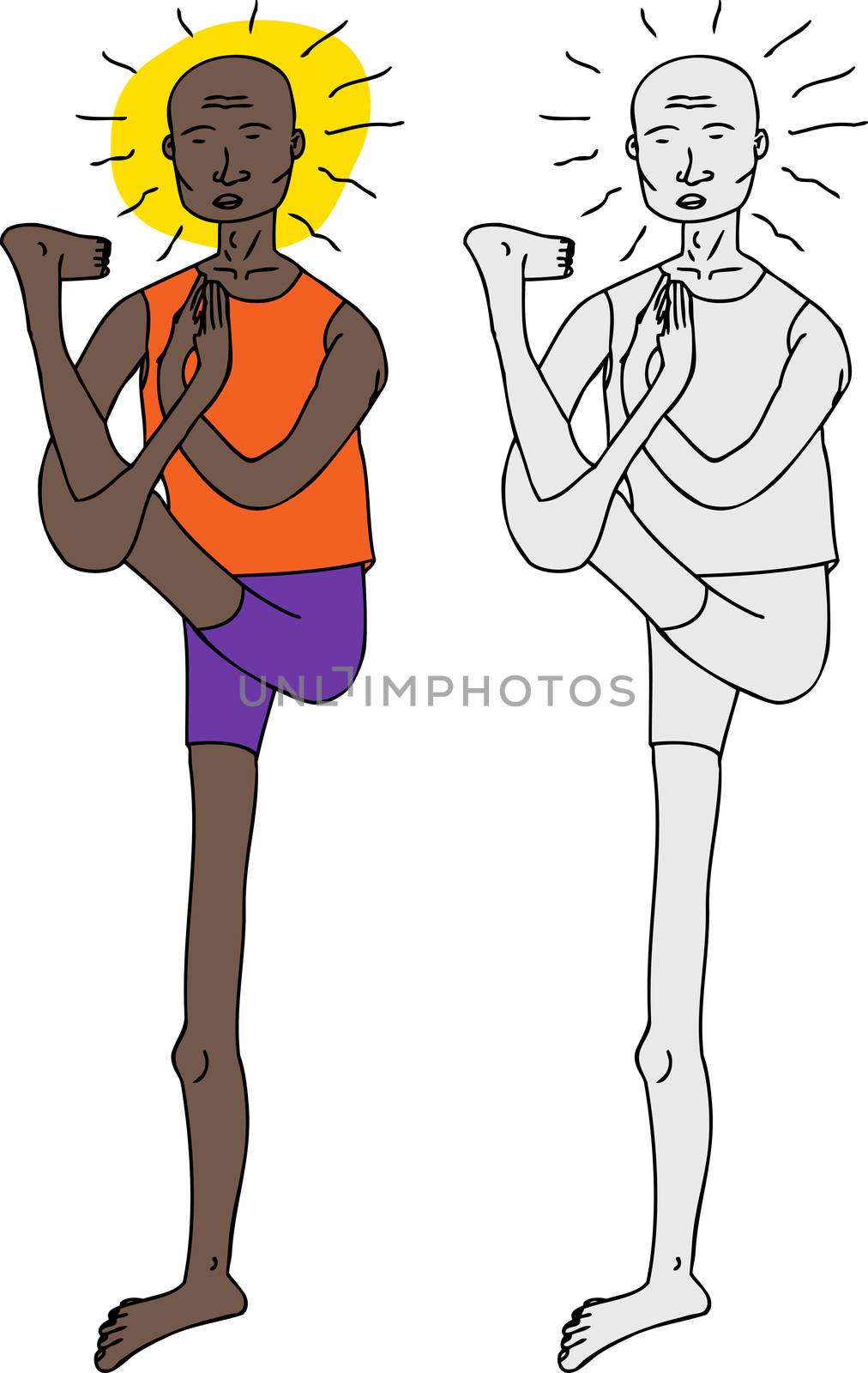 Cartoon of tall man in unique yoga pose