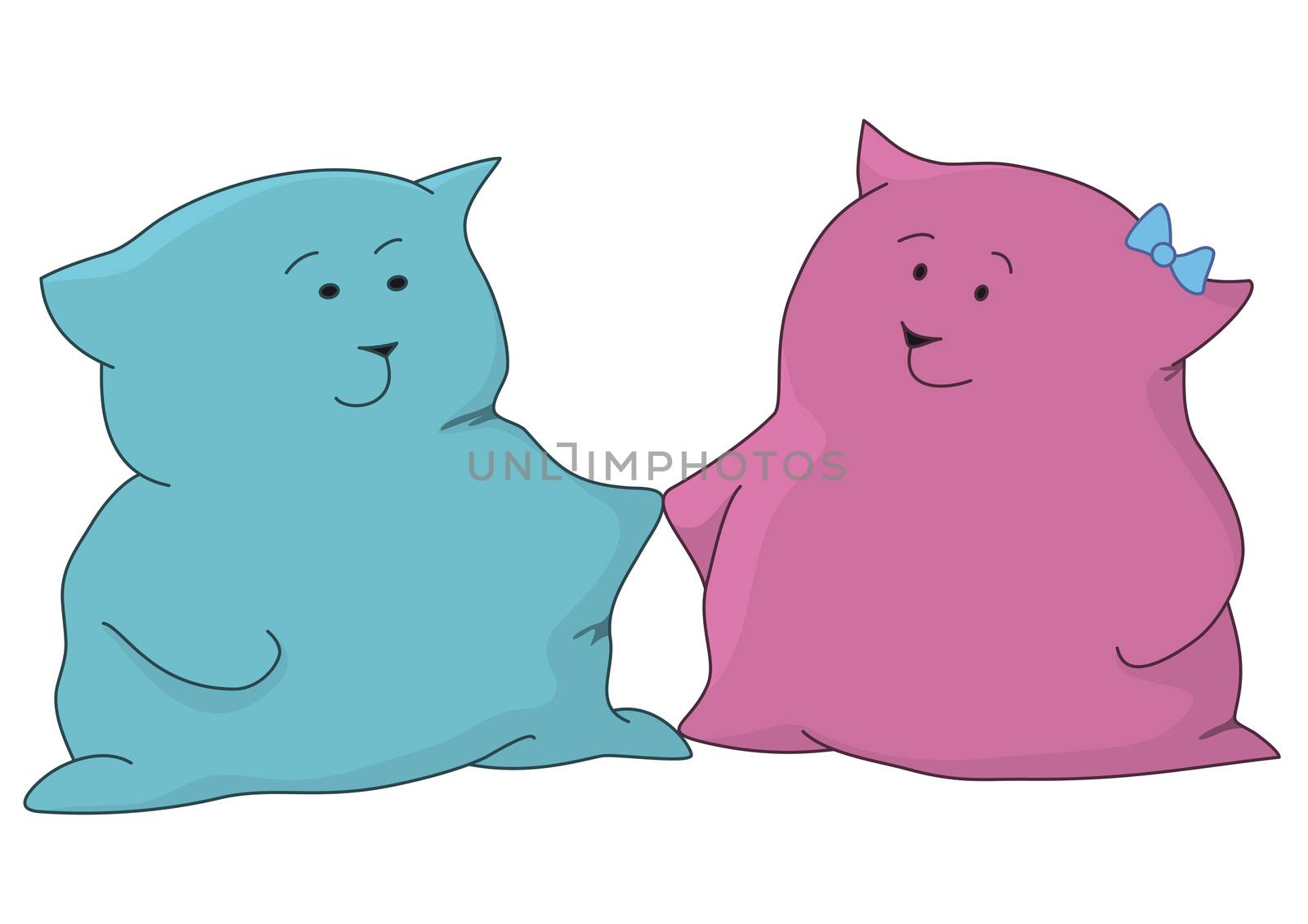 Cartoon, toy cats boy and girl friendly shake each other hands