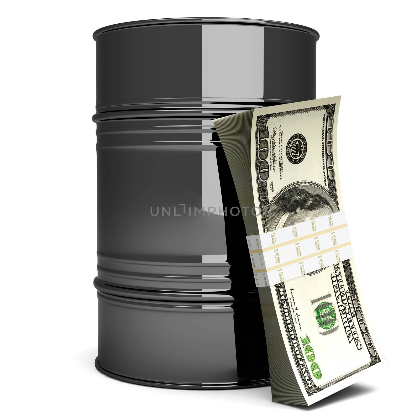 A oil barrell with Dollar notes. 3D rendered Illustration. Isolated on white.