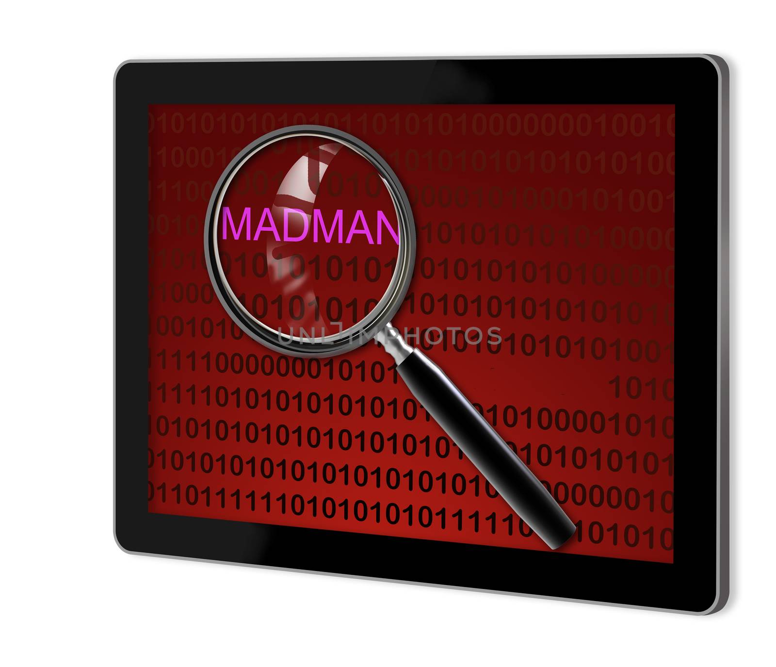 close up of magnifying glass on madman on screen of tablet  made in 3d software