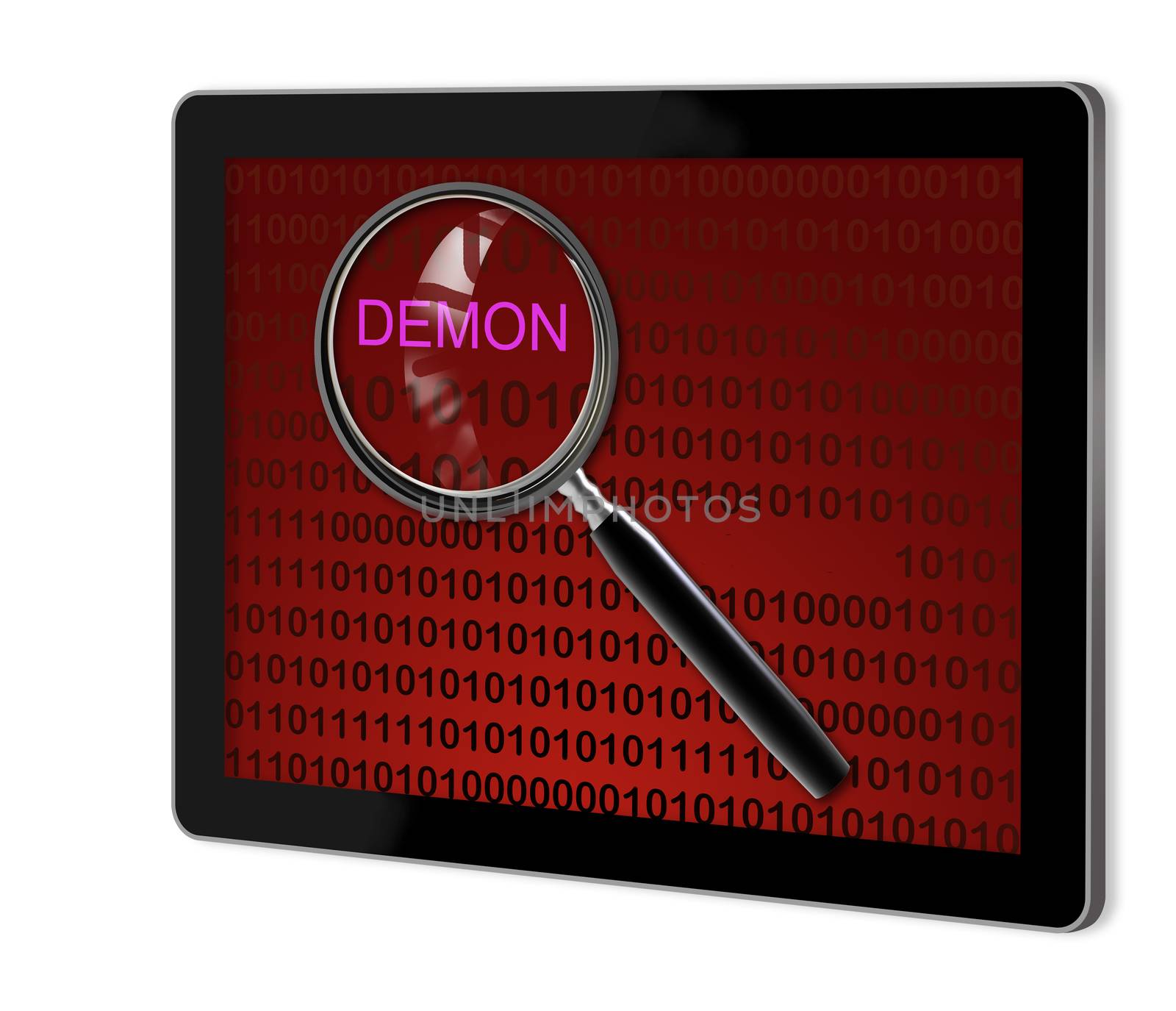 close up of magnifying glass on demon  on screen of tablet  made in 3d software
