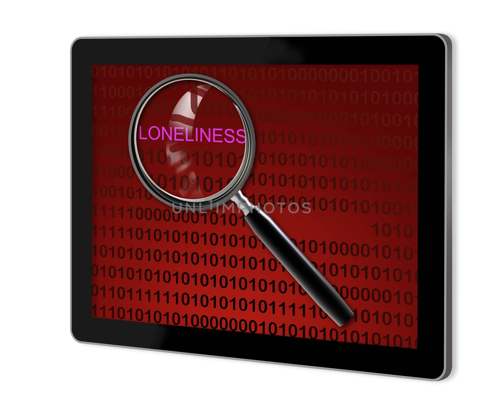 close up of magnifying glass on loneliness on screen of tablet  made in 3d software