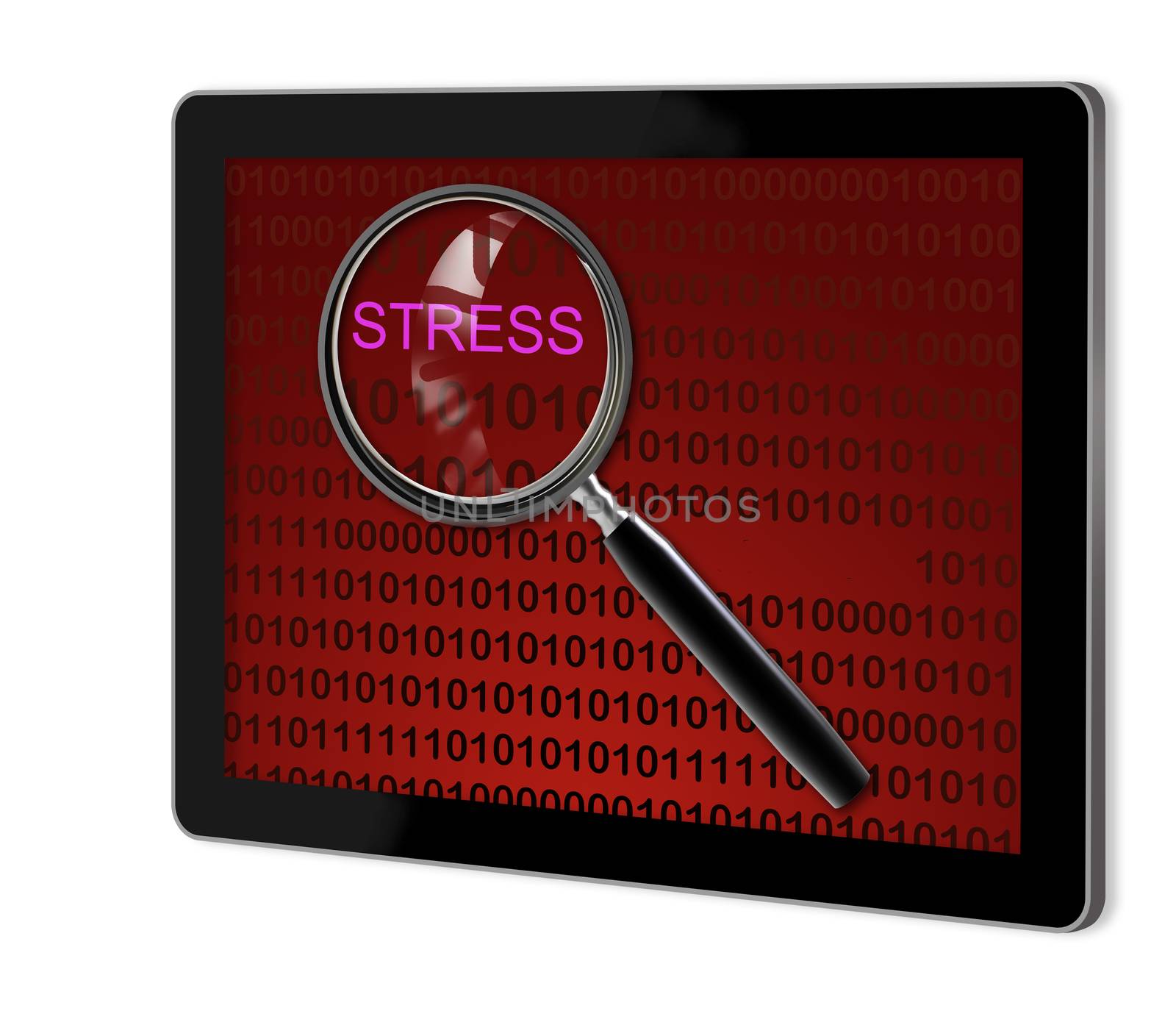 close up of magnifying glass on STRESS on screen of tablet  made in 3d software