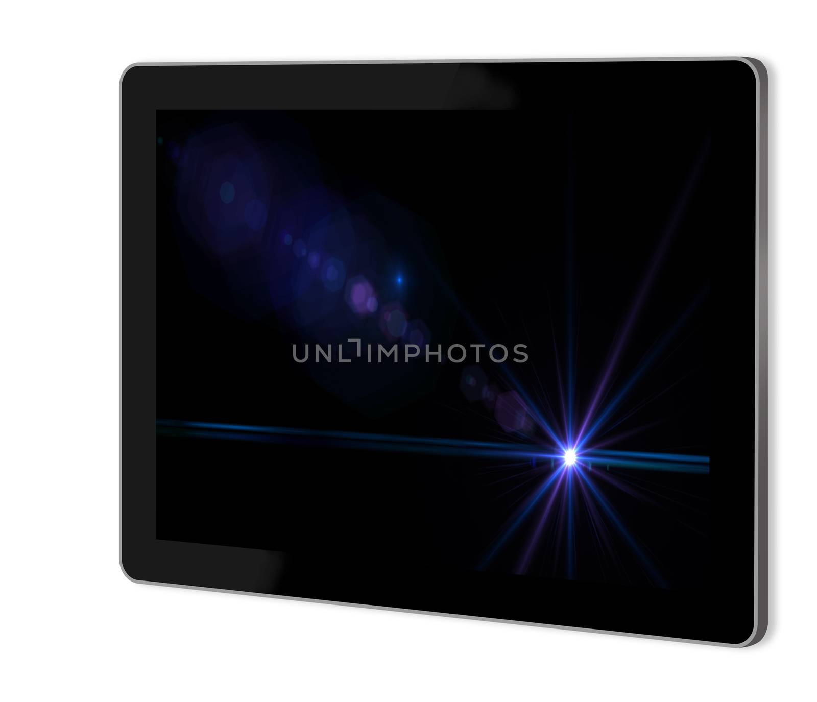 Lens flare effect in  space  on screen of tablet  made in 3d software