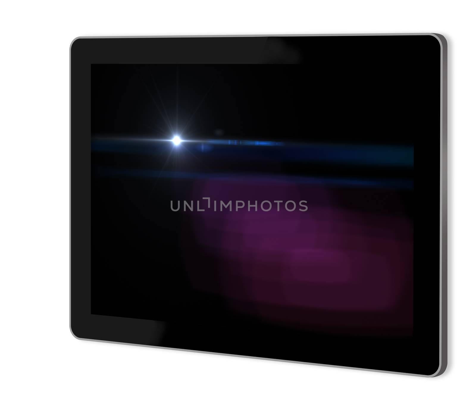 Lens flare effect in  space  on screen of tablet  made in 3d software