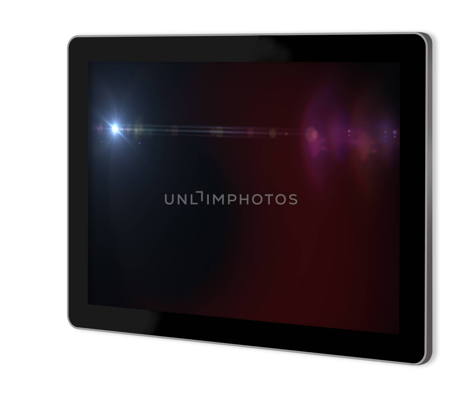 Lens flare effect in  space  on screen of tablet  made in 3d software