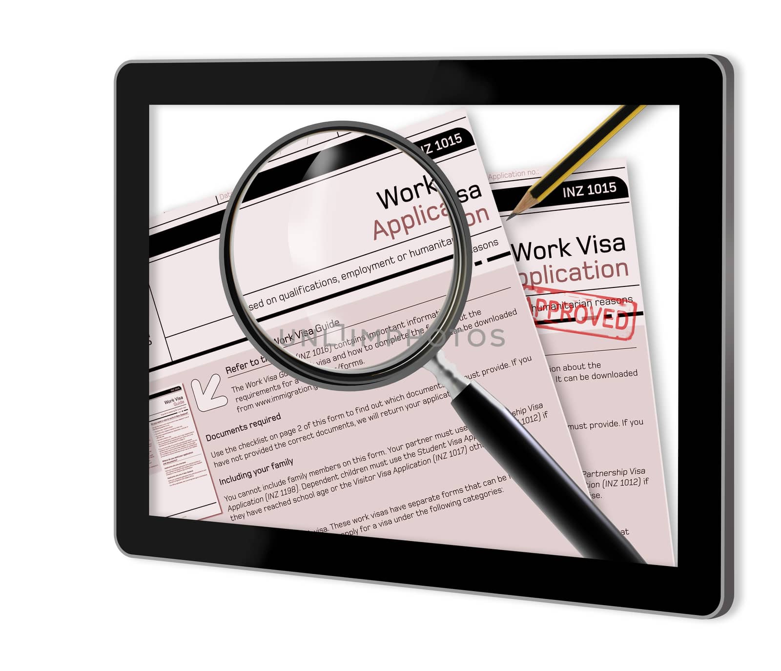 Close-up of work visa application document for temporary stay approved  show  on tablet  made in 2d software isolated on white
