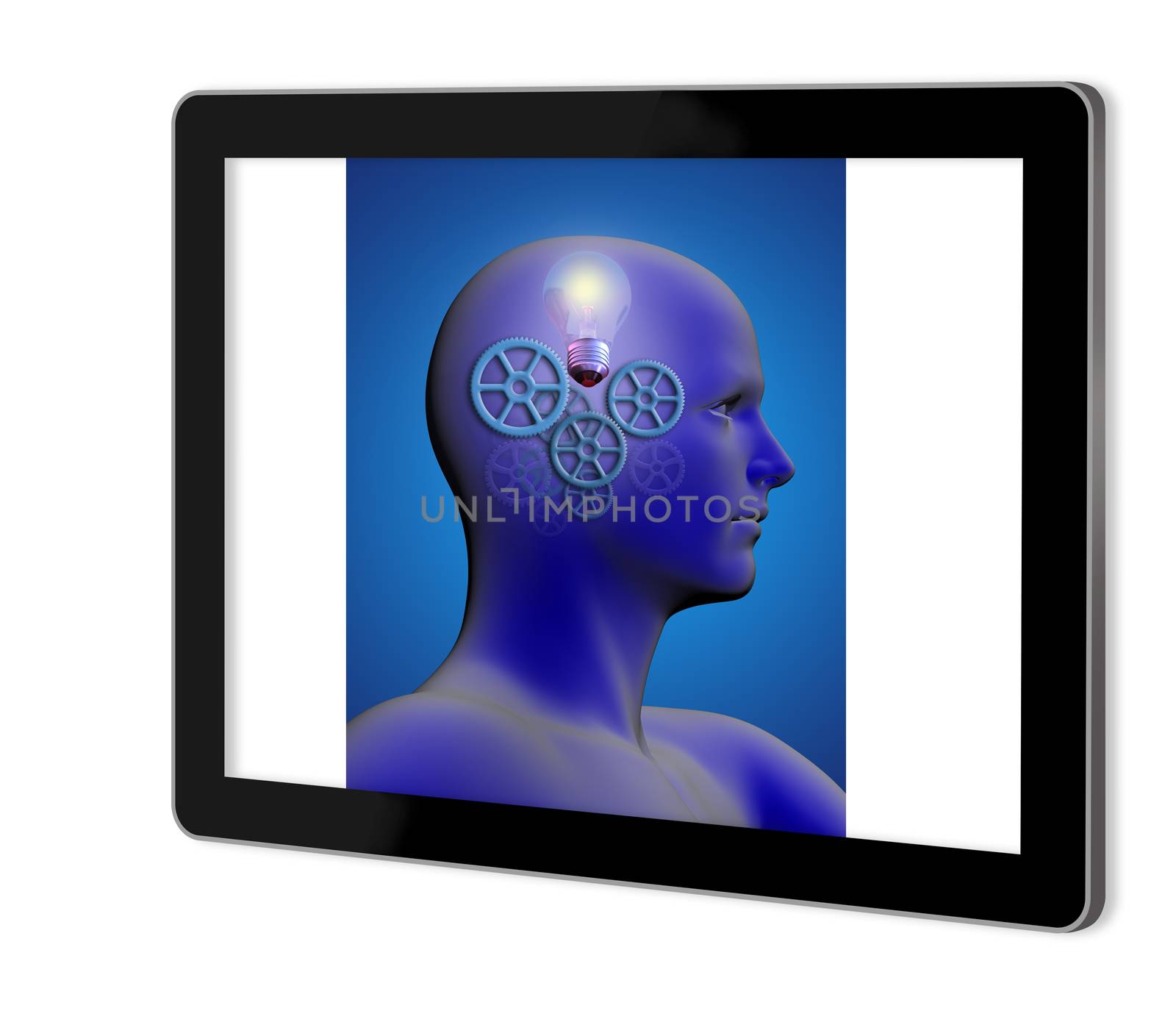 profile of a man with gears and a light bulb inside his head  show  on tablet  made in 2d software isolated on white