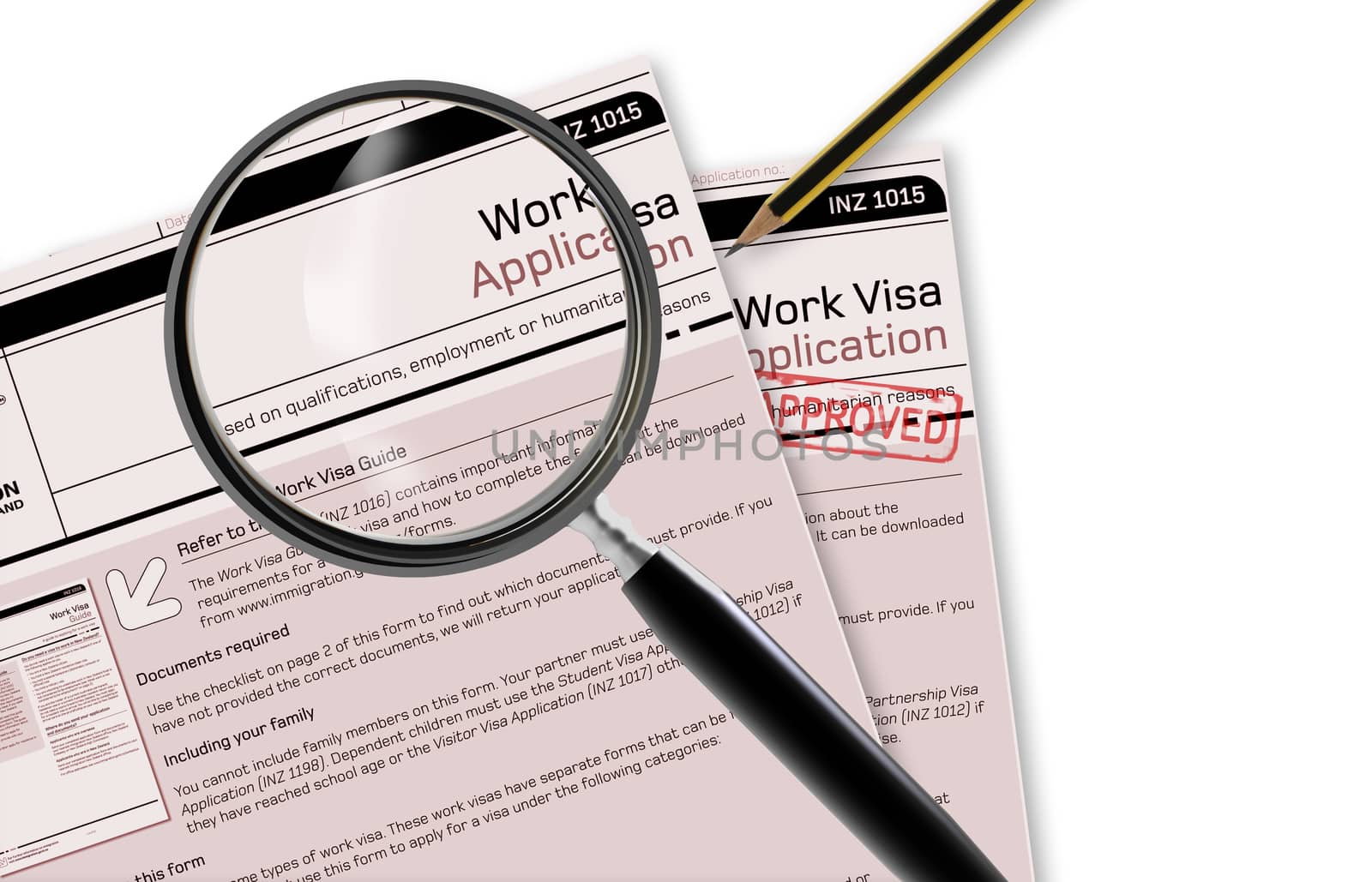 Close-up of work visa application document for temporary stay approved