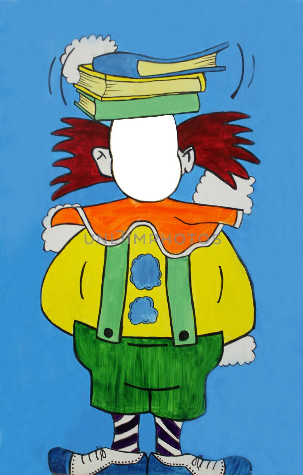 Painting of cutout circus clown with white copy space for you to add face in. Original artwork.