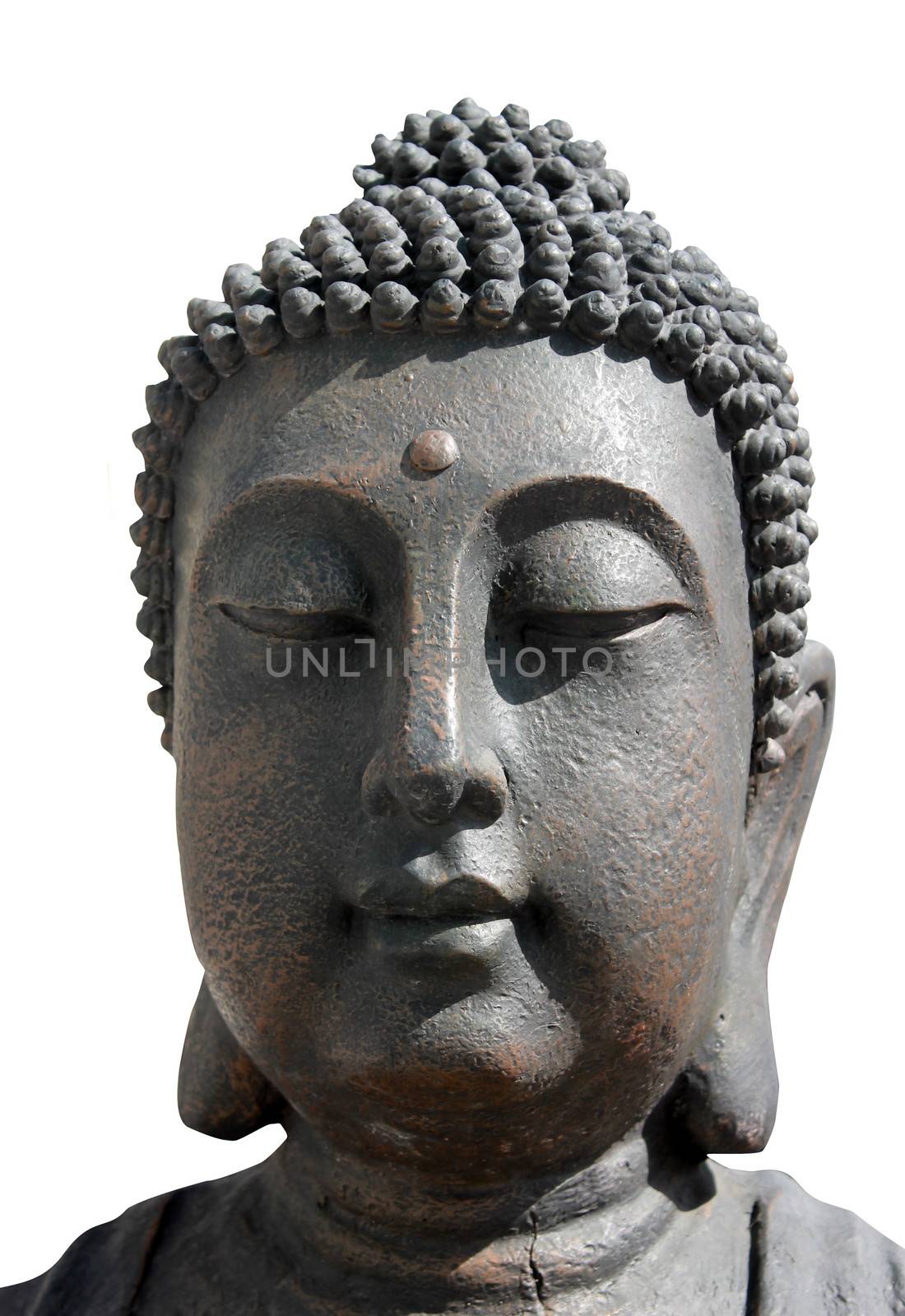 Face of Buddha on statue outdoors, isolated on white background.