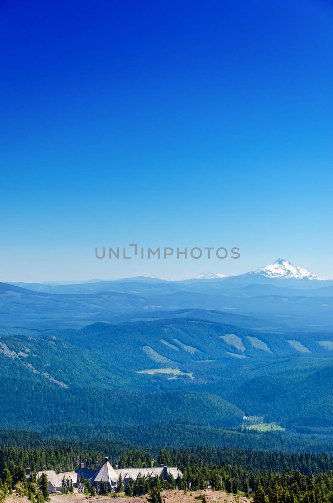 View of Mount Jefferson with Timberline Lodge at the bottom of the frame
