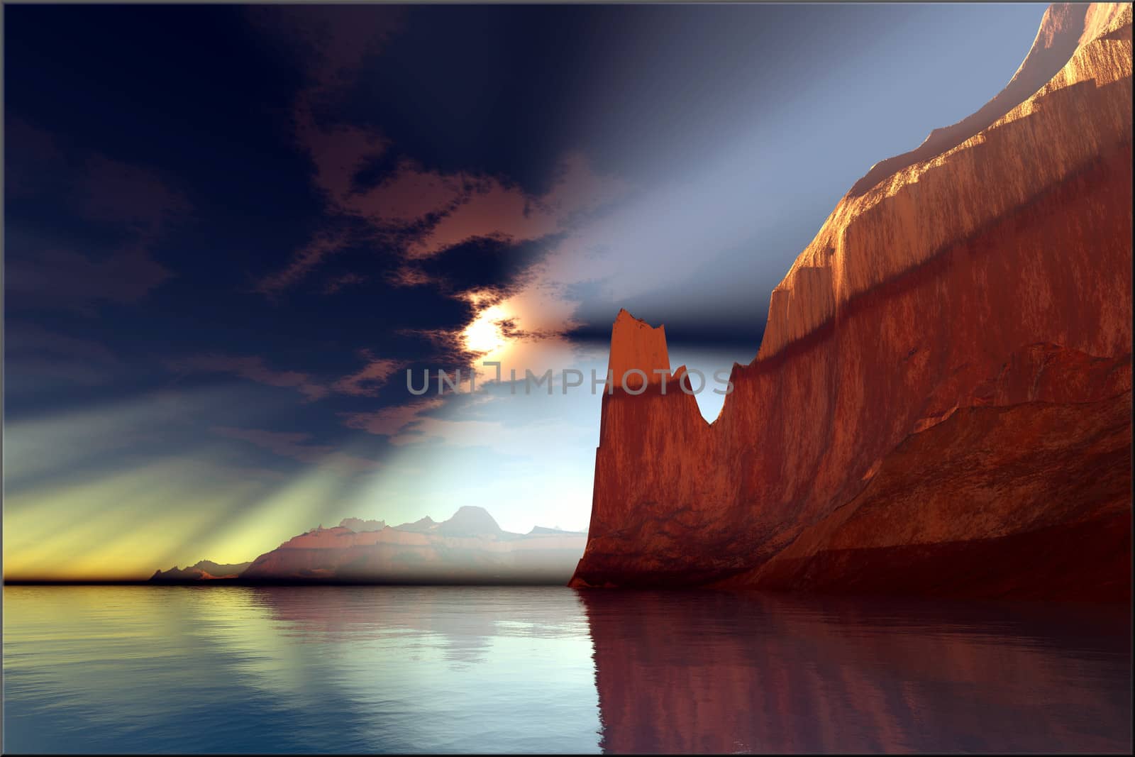 Sunrays shine down on a calm canyon river as the day starts.