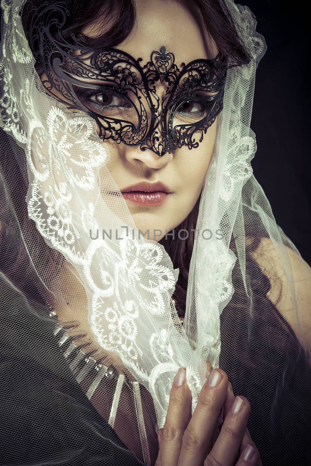Fantasy virgin, Woman in veil and black dress with venetian mask by FernandoCortes