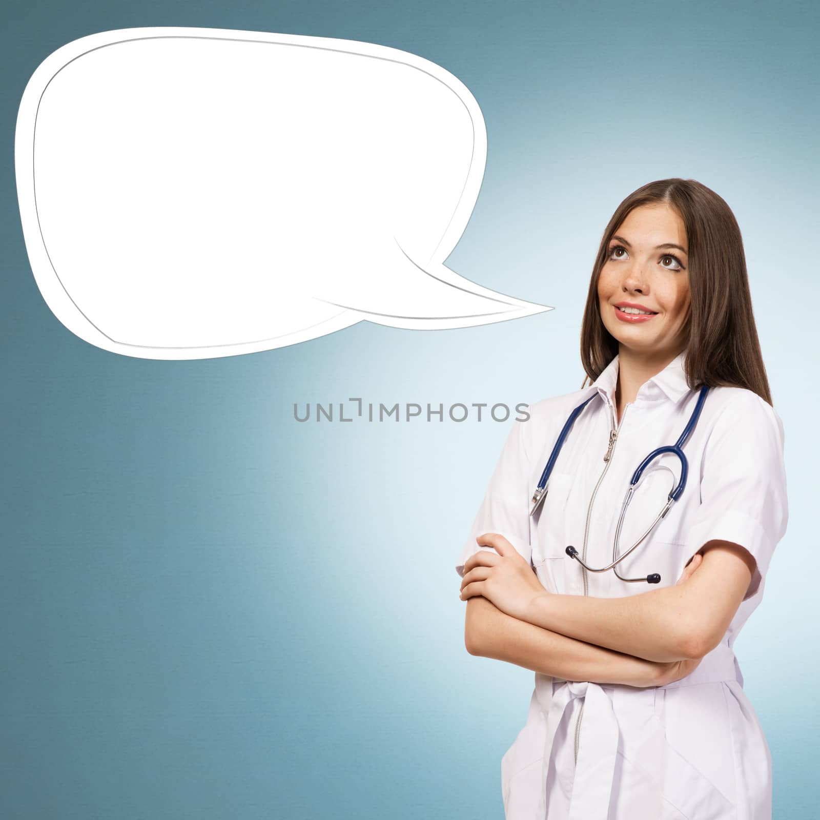 young woman doctor says cloud over his head, place for text