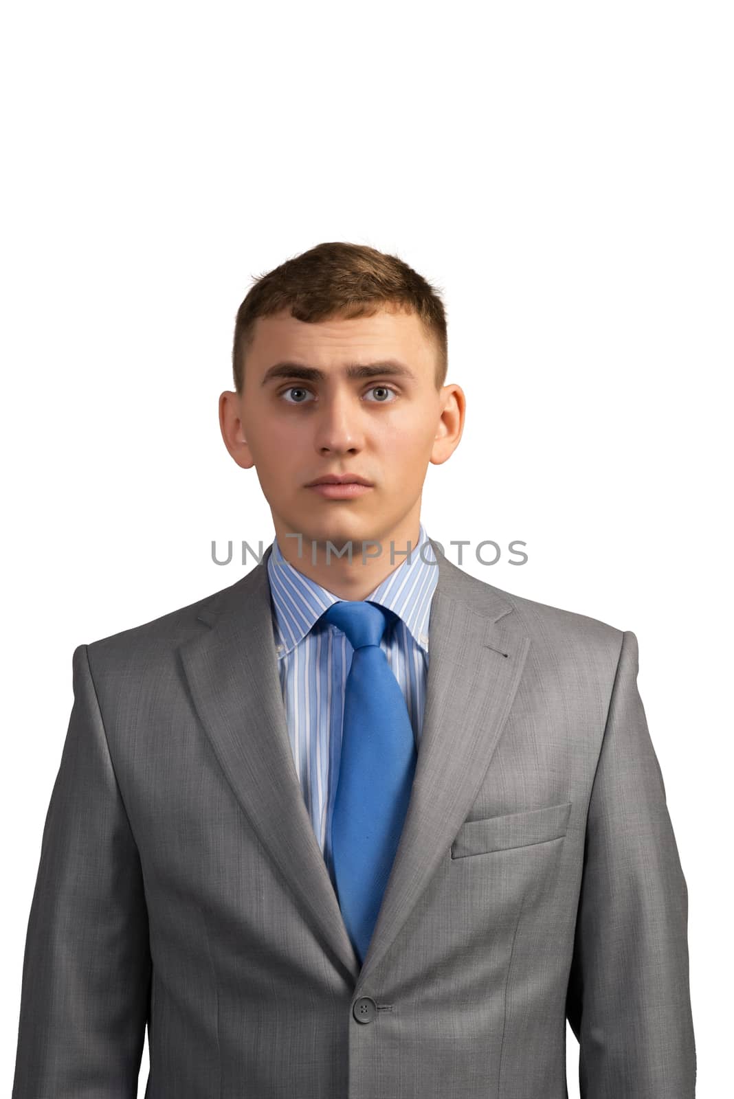 Portrait of sad businessman looking into the camera, isolated on white background