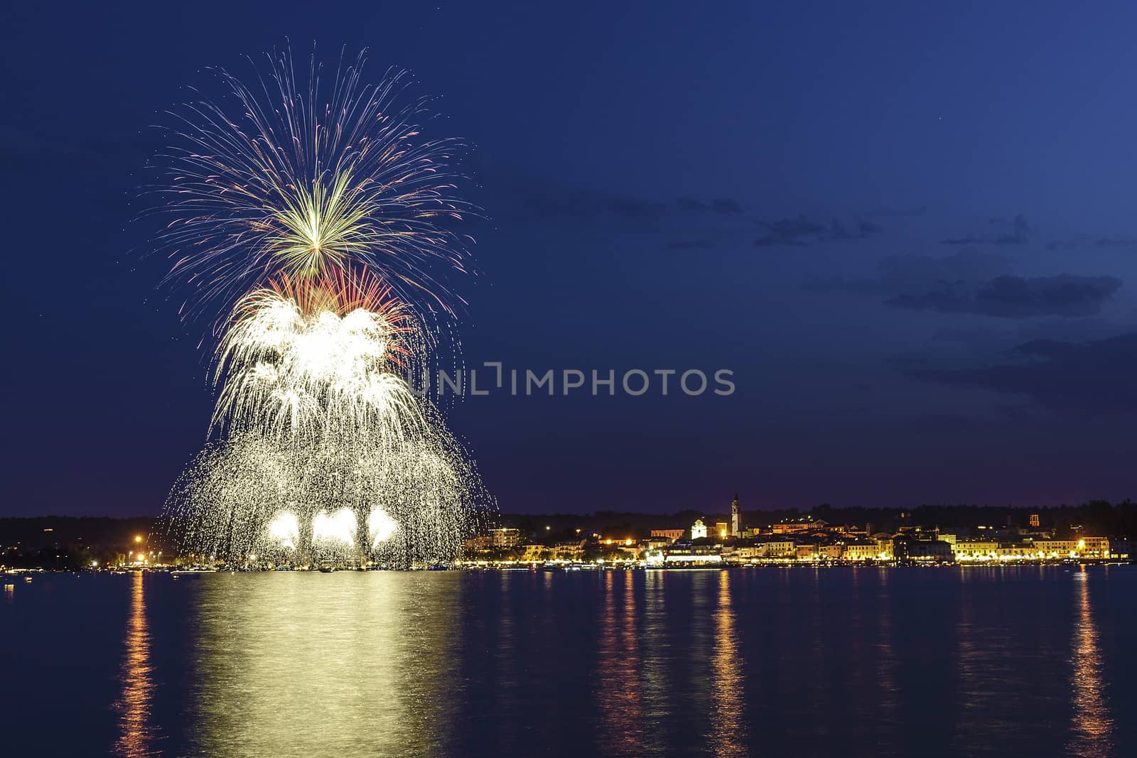 Fireworks on the Lake Maggiore in a summer night, Arona