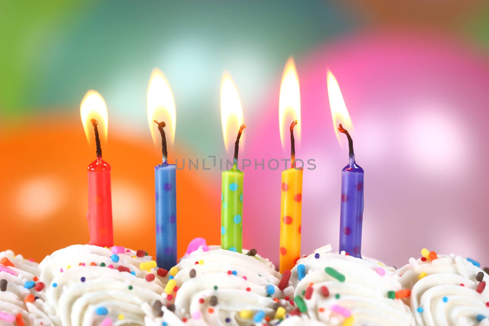 Happy Birthday Celebration with Balloons Candles and Cake