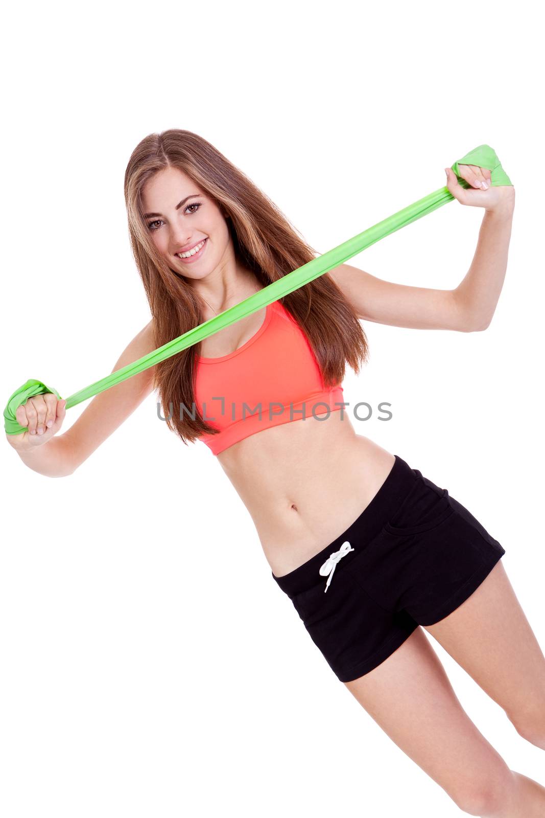 athletic young woman doing workout with physio tape latex tape isolated on white