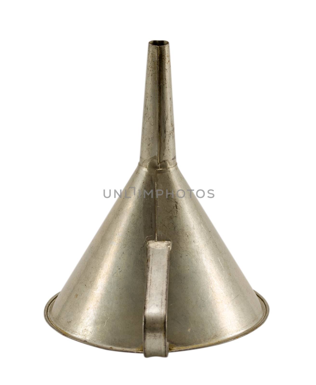 vintage aluminium funnel hopper tool isolated by sauletas