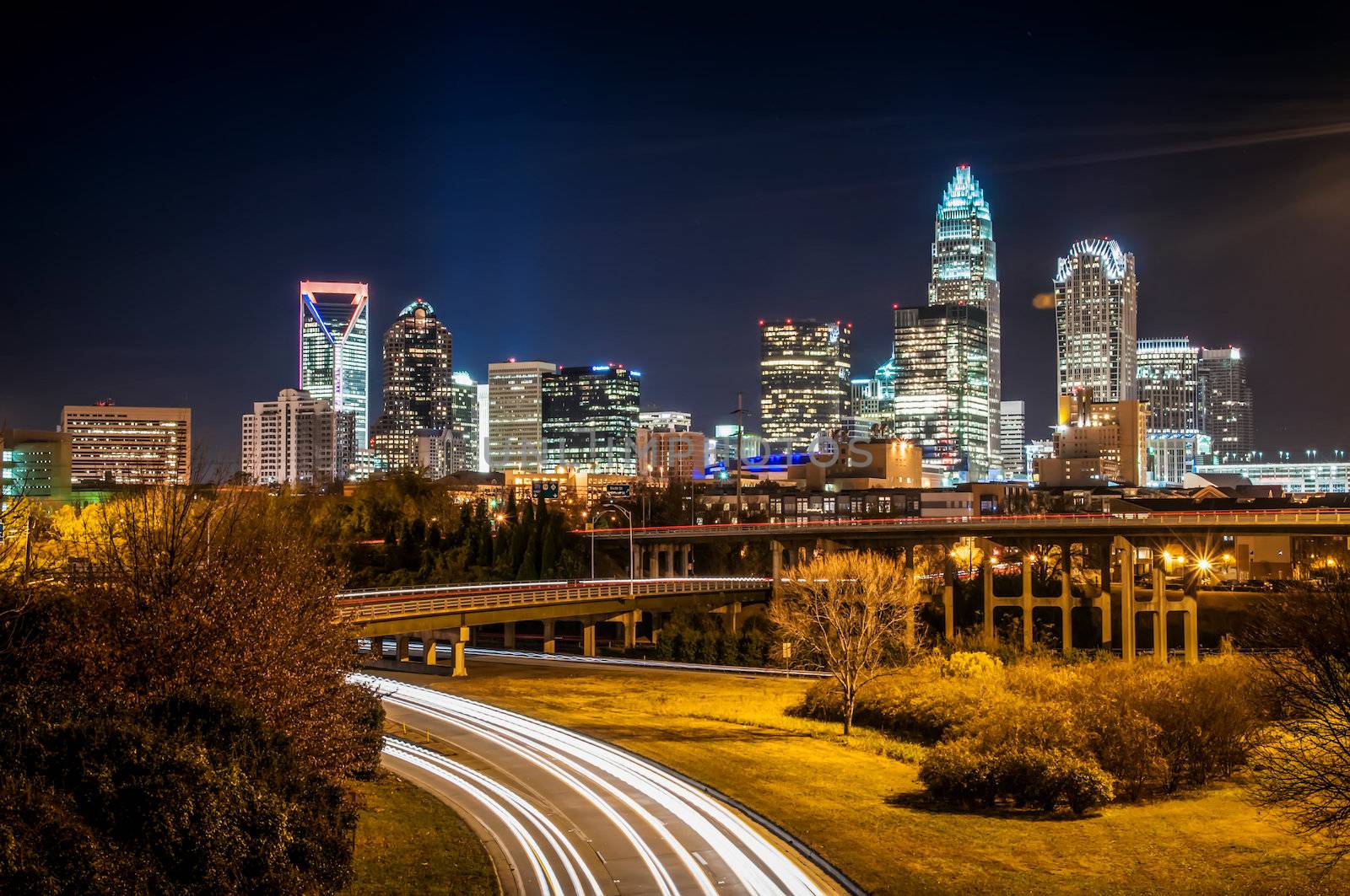 Charlotte City Skyline and architecture at night