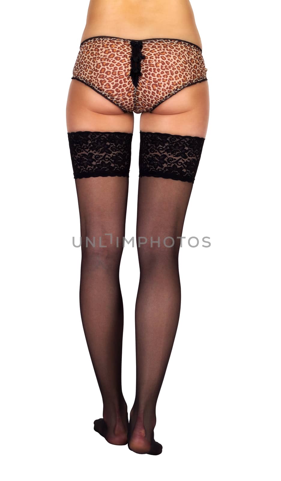 long slender female legs in black stockings isolated on white background