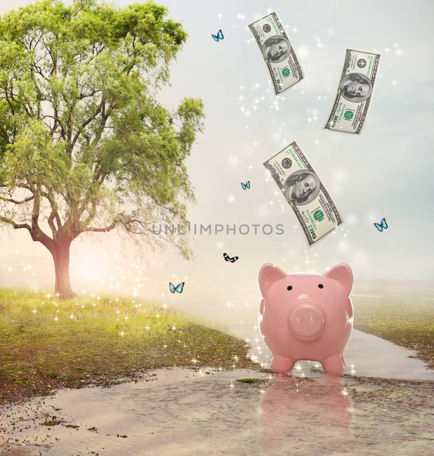 Dollar bills falling in or flying out of a piggy bank in a magical landscape by melpomene