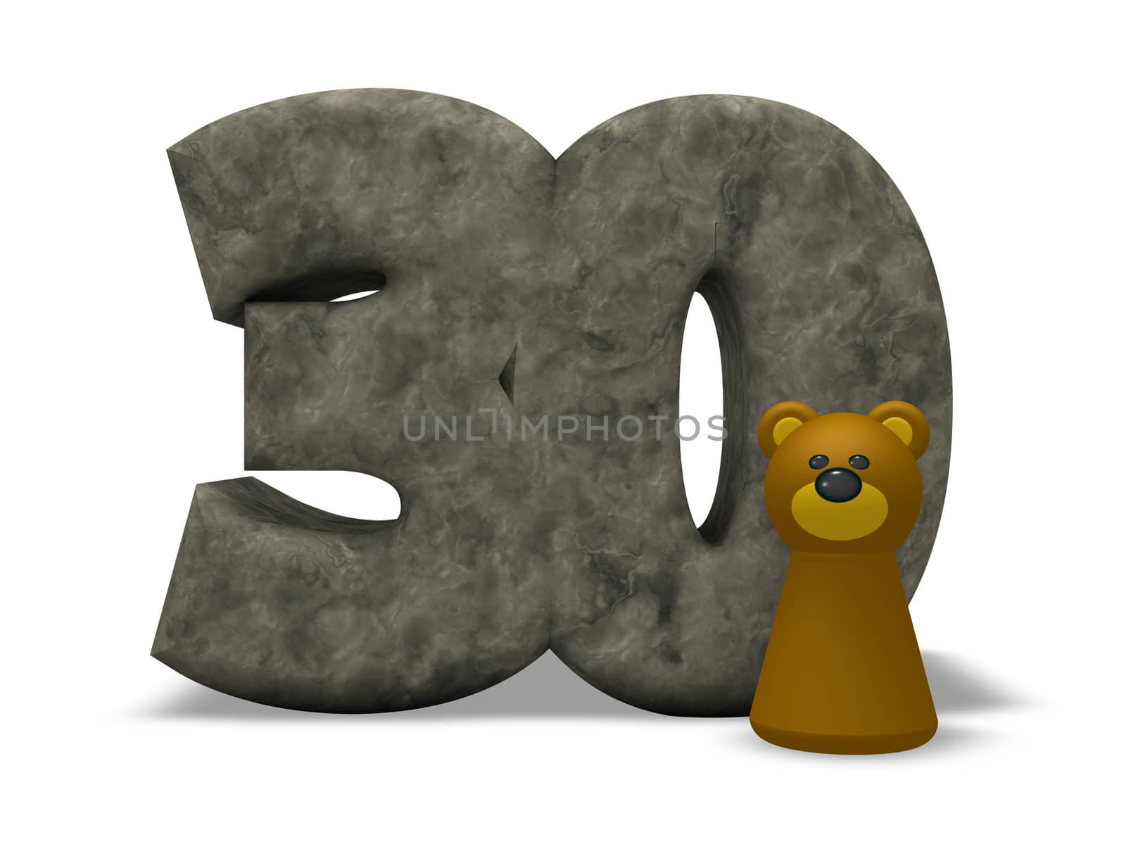 stone number thirty and brown bear - 3d illustration