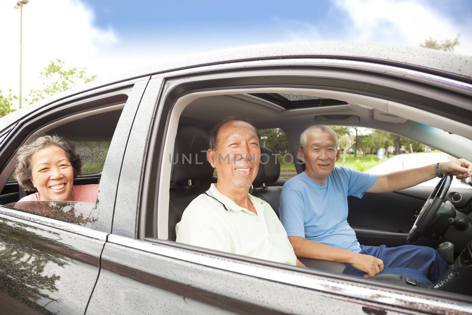 happy seniors enjoying road trip and travel by tomwang