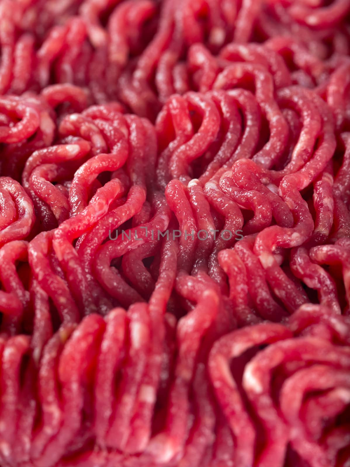 Macro photo of fresh ground beef. Focus through the middle of image.