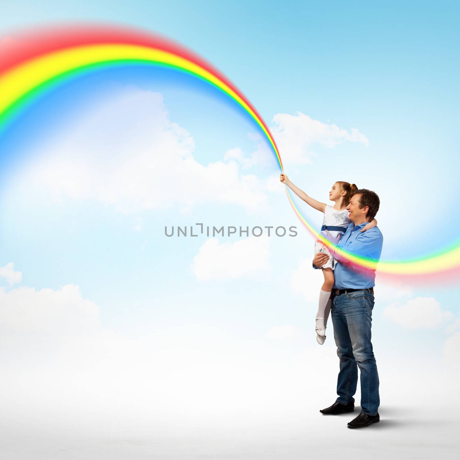 Father holding his daughter and rainbow by sergey_nivens