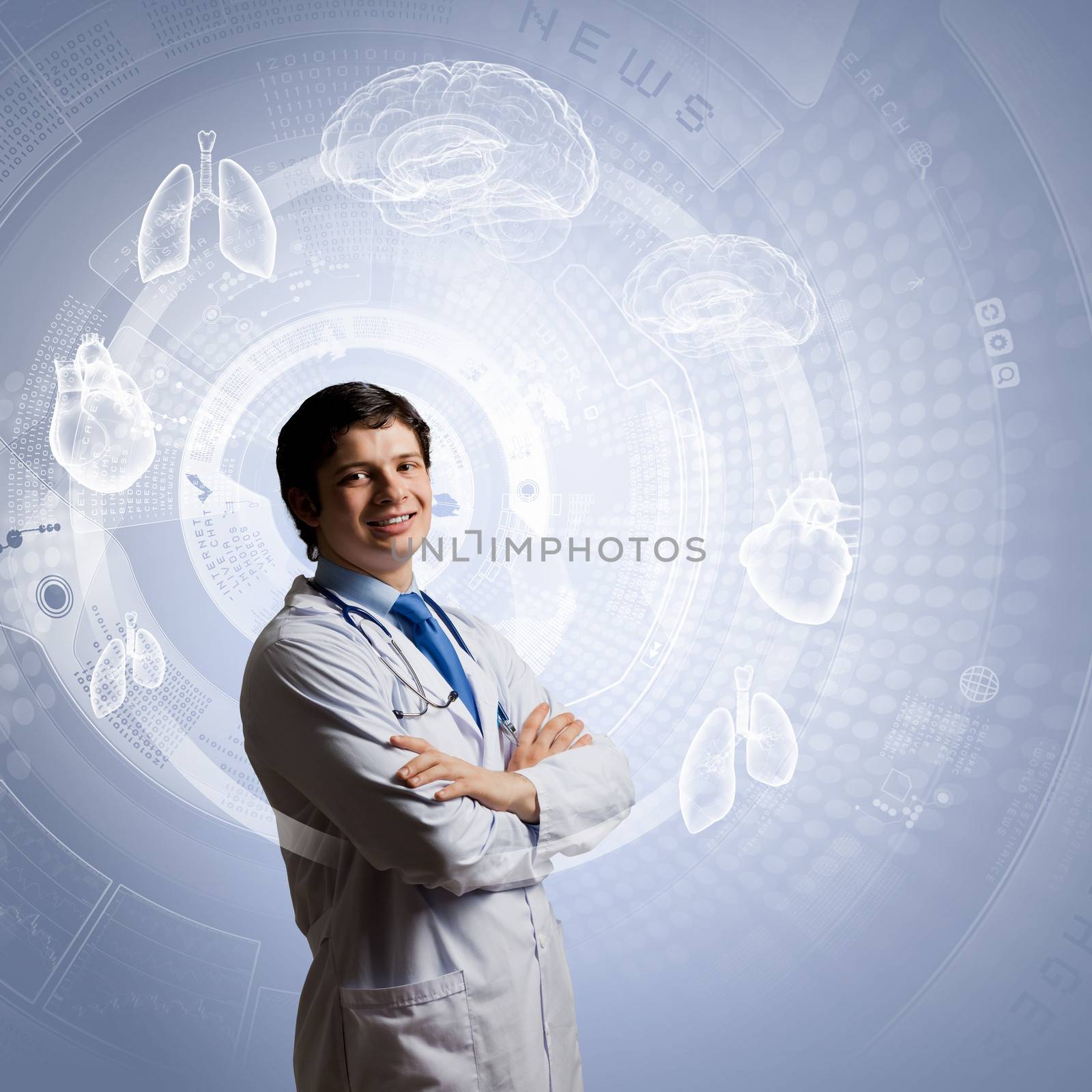 Young concentrated male doctor with arms crossed against digital background