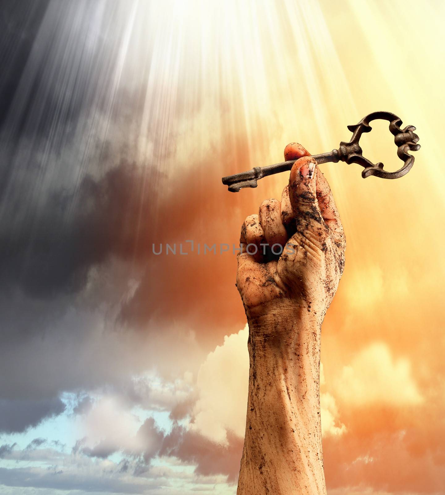 Key in human hand. Struggle and success