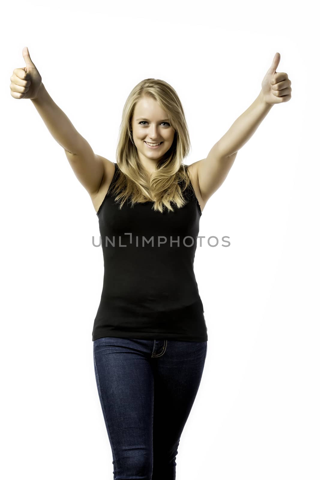 Pretty blond girl helds her two thumbs up, isolated on white background