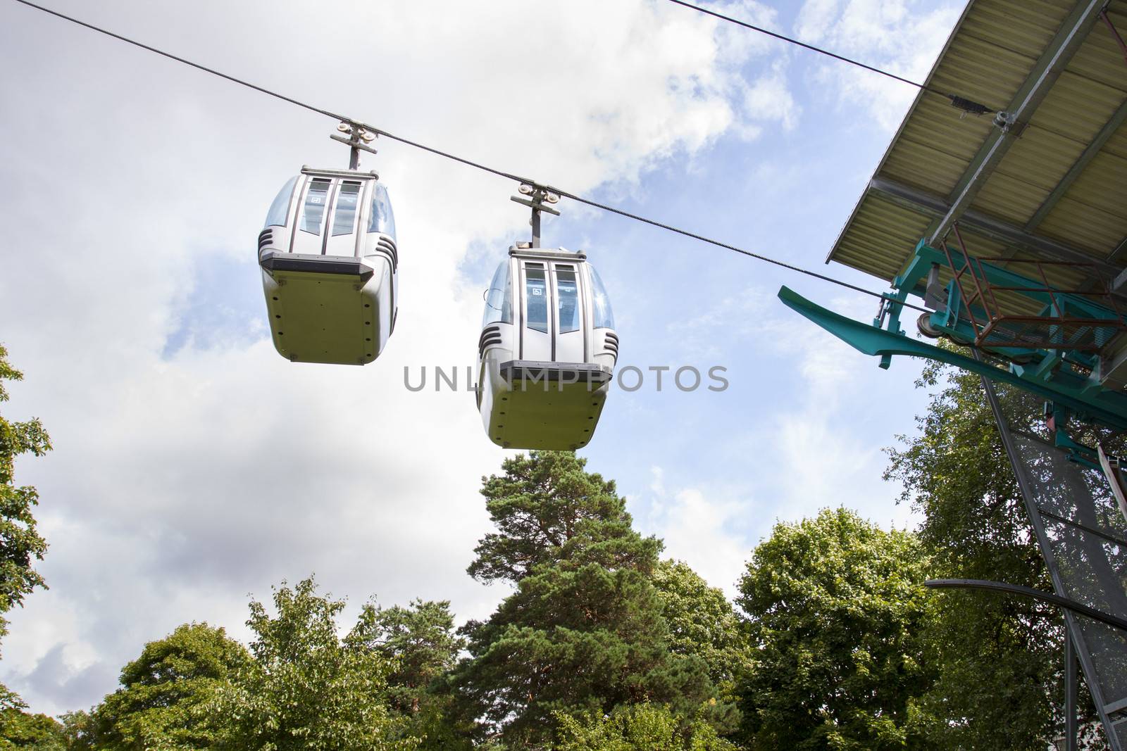 Two gondolas hanging on a wire in Trollhättan, Sweden