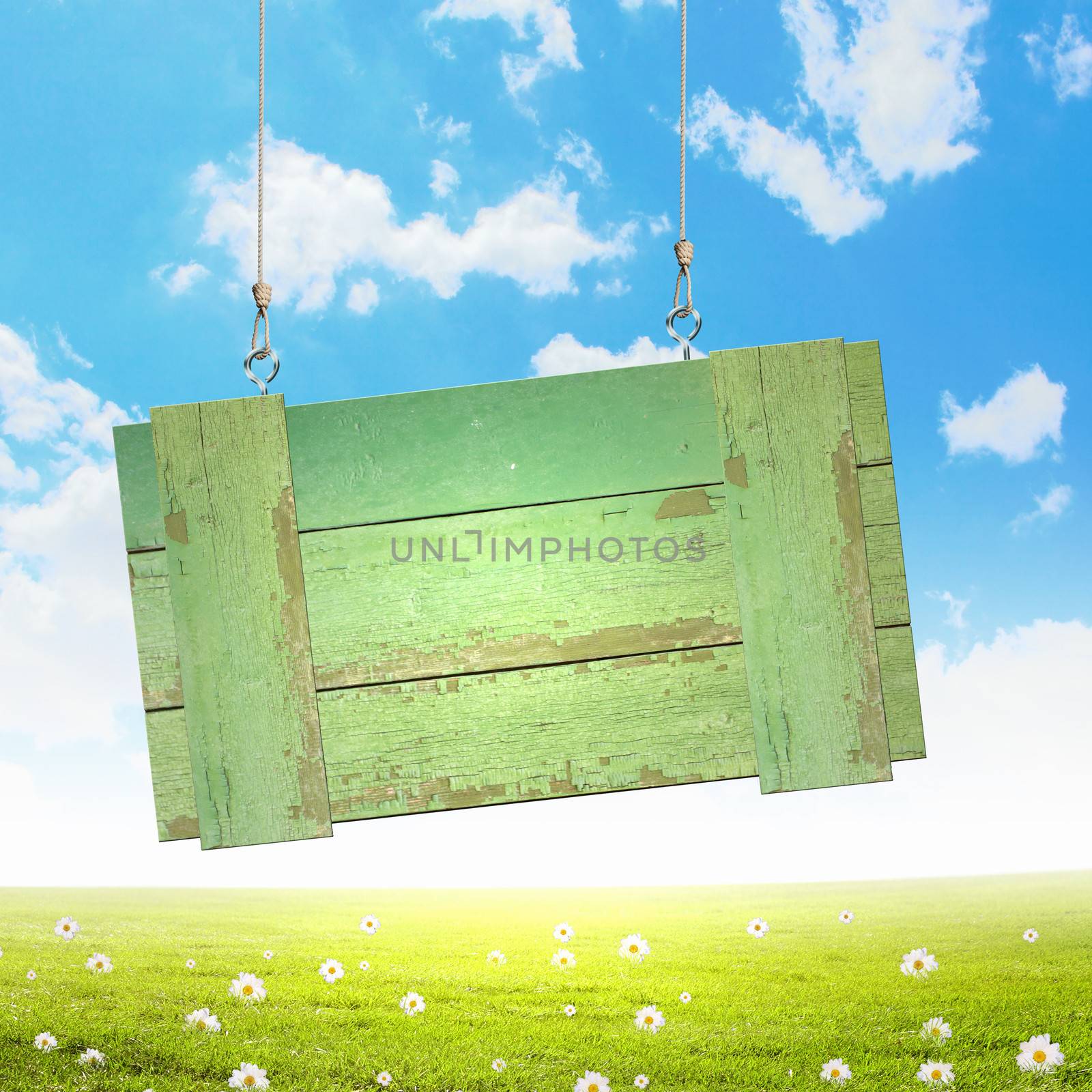 Wooden blank banner hanging on ropes. Place for text
