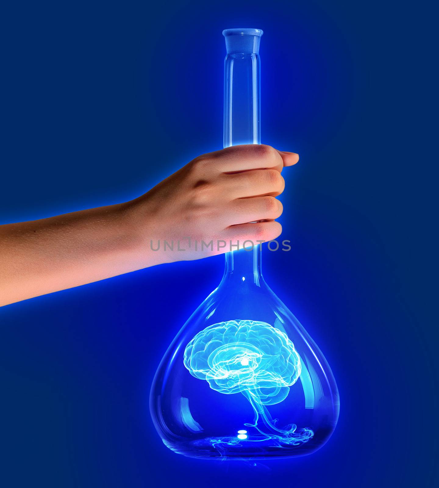 Human hand holding test tube with brain illustration