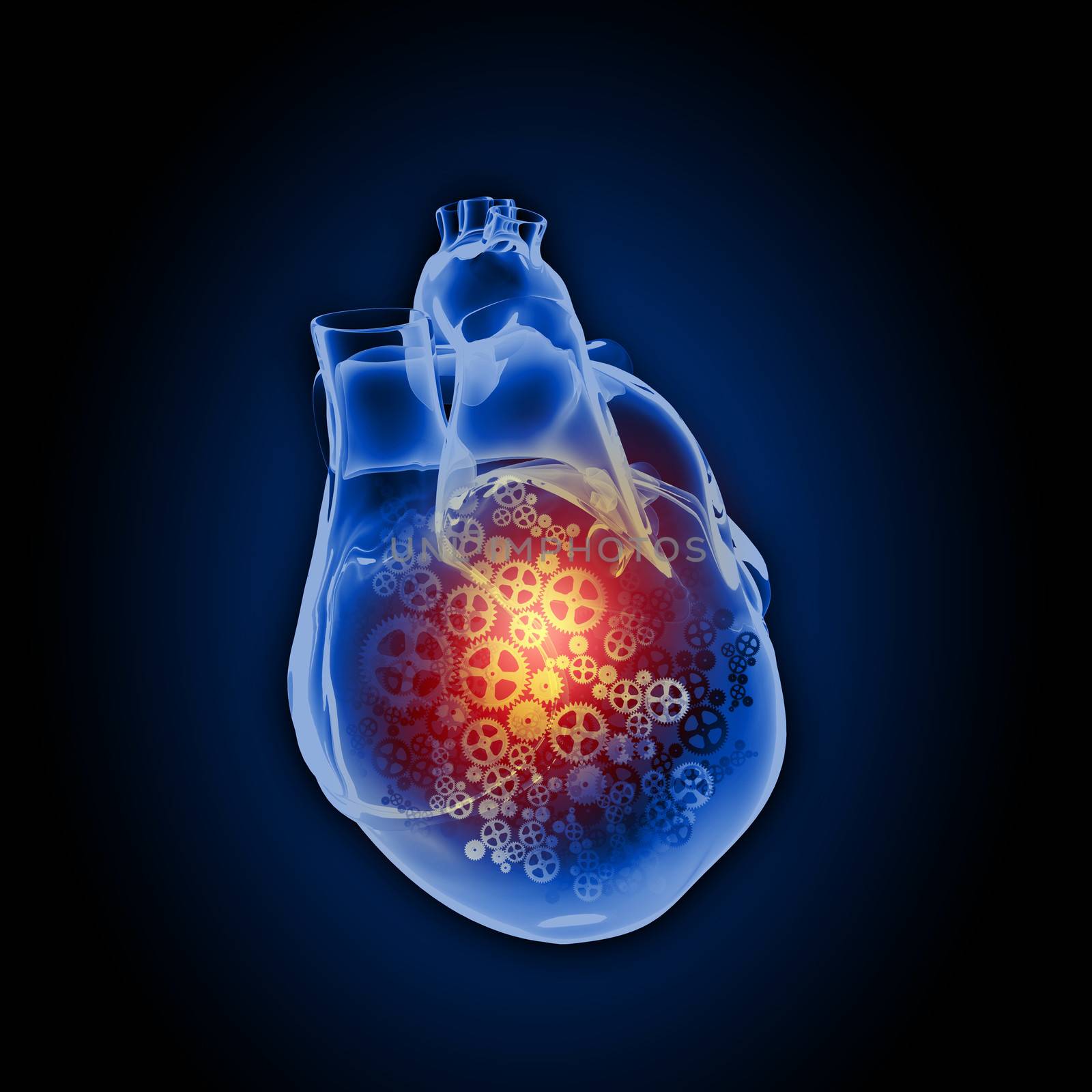 Human heart with cog and gear mechanisms against black background