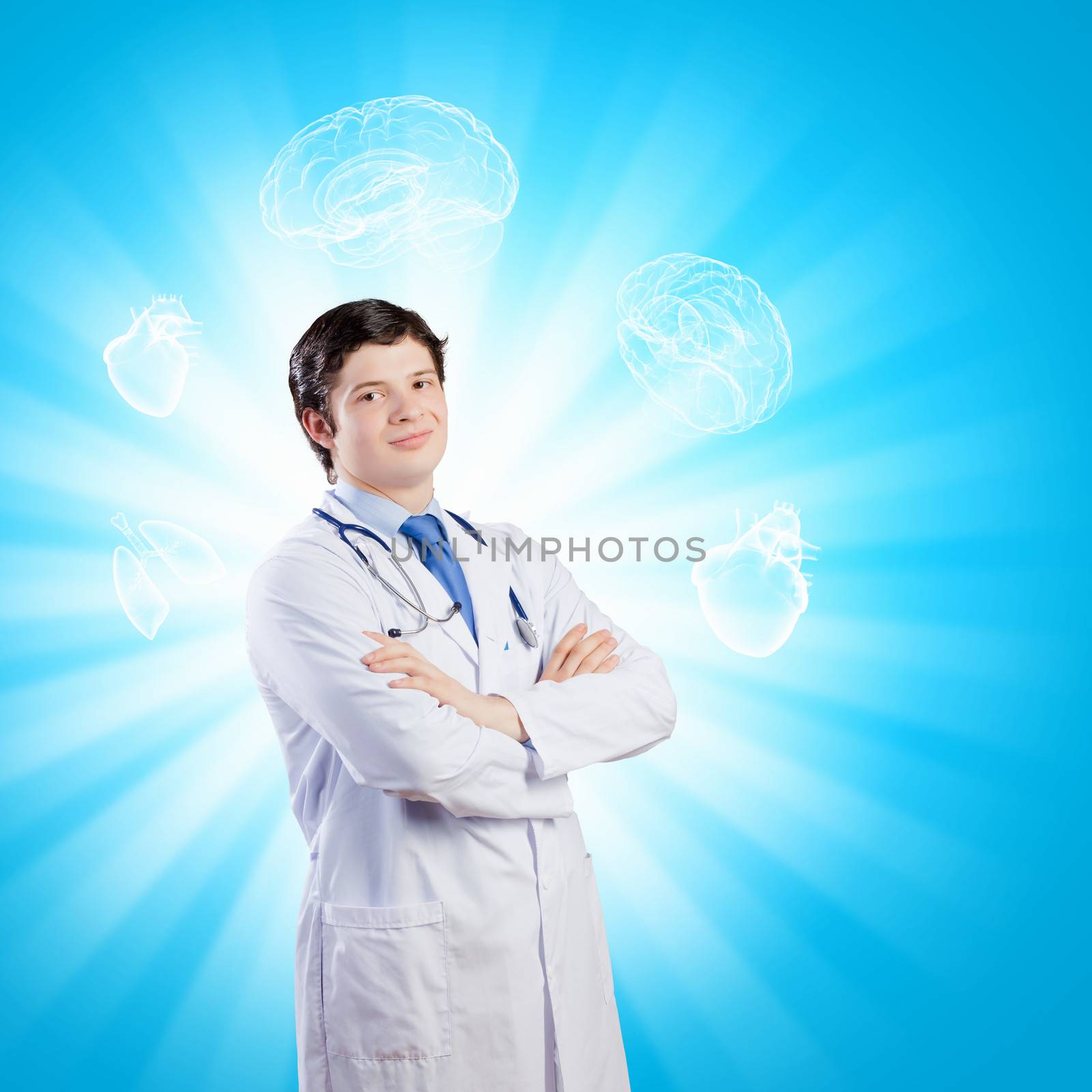 Image of happy confident doctor in uniform against blue background