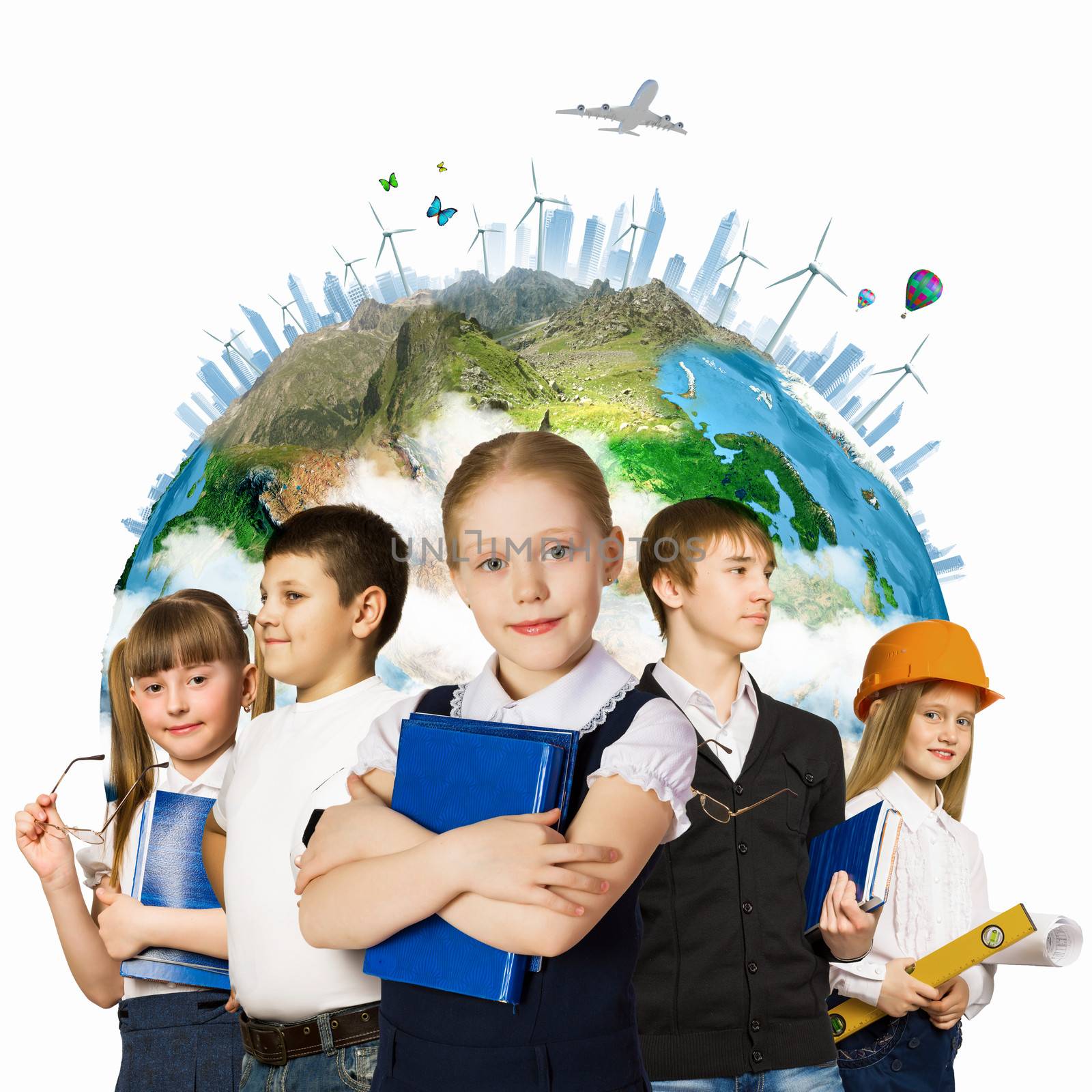 Image of kids of school age. Choosing profession. Elements of this image are furnished by NASA