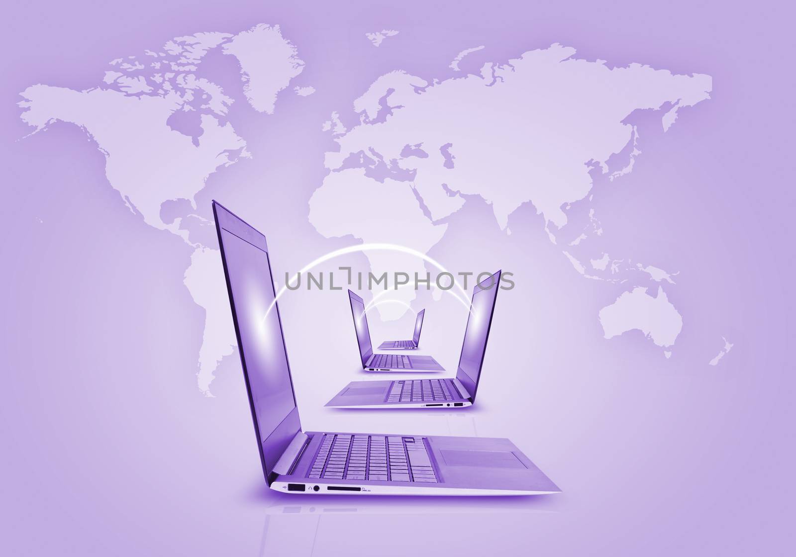 Laptops against world map background. Connection and cooperation