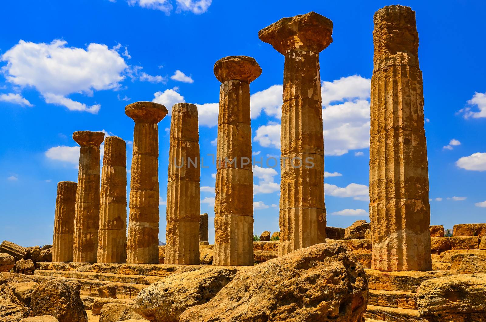 Stone columns of temple ruins in Agrigento, Sicily, Italy